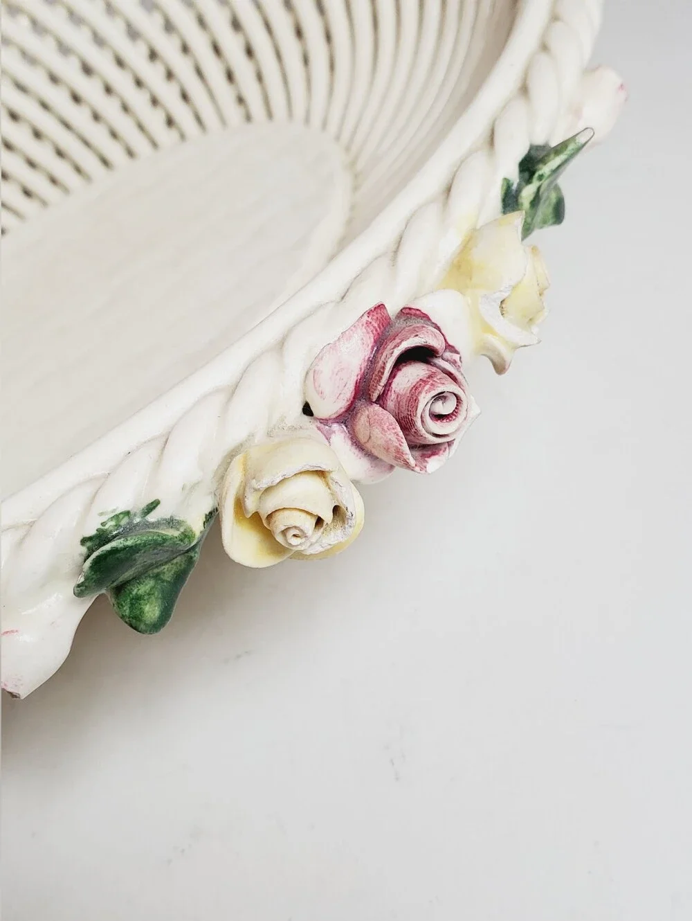 Vintage Italian Ceramic Floral Lattice Cottagecore Basket
